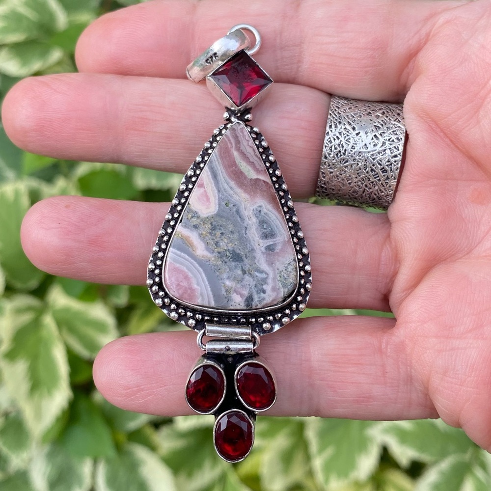 Genuine Rhodochrosite, Garnet & Sterling Silver Handcrafted Pendant 3”